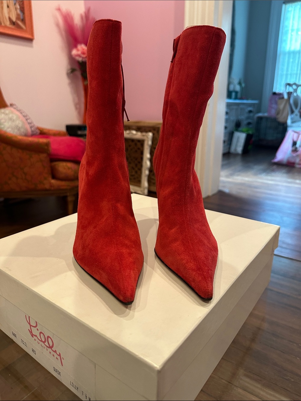 Lilly Pulitzer Babe Red Suede Pointed-Toe Heeled Boots NIB